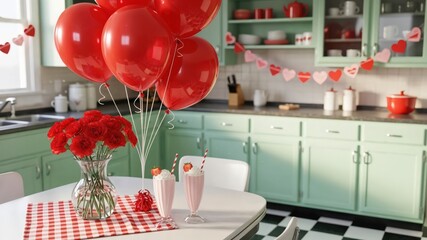 Cheerful Valentine's Day Celebration in Brightly Colored Kitchen Featuring Red Balloons, Roses, and Refreshing Milkshakes Perfect for a Festive Atmosphere