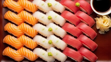 Assorted sushi nigiri arrangement on a wooden tray
