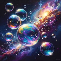 Iridescent bubbles float against a vibrant cosmic nebula backdrop, with swirls of purple, orange, and blue hues