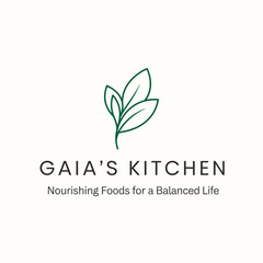 Gaias Kitchen Logo with Leaf Illustration.