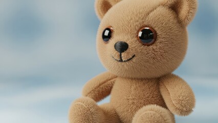 Close up of a brown teddy bear with large eyes seated against a blurred background suitable for various uses