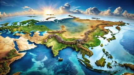 Asian continent bathed in golden sunrise light