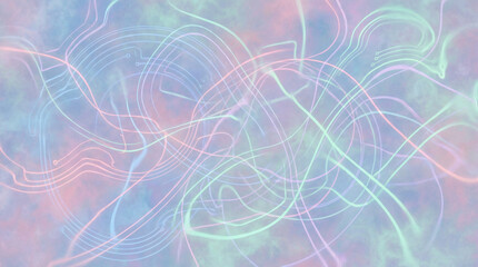 Vibrant abstract backgrounds with swirling neon lines and pastel colors create a mesmerizing visual effect from a unique overhead viewpoint.