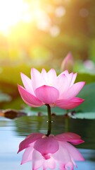 A serene image of pink lotus flowers in a pond with sunlight