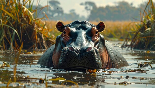 Hippopotamus head emerges from shallow water, surrounded by reeds and marsh plants on a bright, sunny day