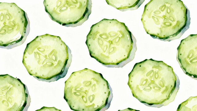 Fresh sliced cucumber for food and spa Slices Sliced Cucumber isolated watercolor vector illustration svg
