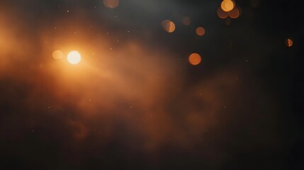 Warm glowing orange bokeh lights and particles create an ethereal atmosphere against a dark misty background