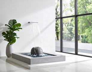 A serene indoor setting featuring a modern water feature