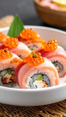 Fresh sushi rolls plated elegantly, topped with roe, showing vibrant colors and textures in soft, diffused lighting