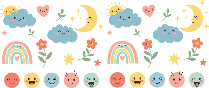 Cute kawaii sky seamless pattern vector with smiling clouds, moon, rainbow, stars and happy faces for kids designs