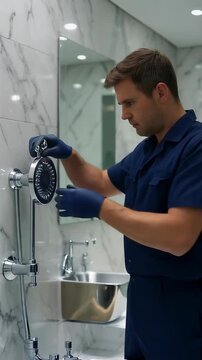 Professional Plumber Adjusting Modern Showerhead in Stylish Bathroom with Marble Walls and Contemporary Fixtures for Optimal Water Flow and Comfort
