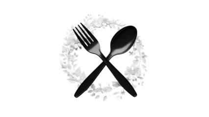 Black Fork and Spoon Crossed Over Floral Wreath