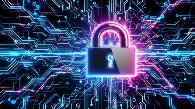 Cybersecurity concept with glowing padlock icon, futuristic digital network background, blue and pink neon lights, technology circuit lines, high-tech security visualization