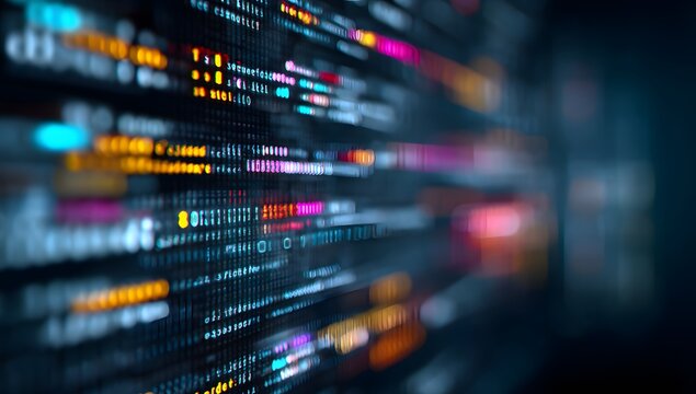 Abstract digital data stream with glowing colorful lights and lines creating a futuristic technological background with depth and motion blur effect - Powered by Adobe