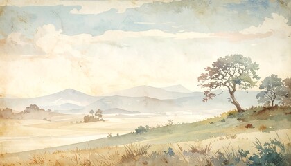 Fototapeta premium A serene landscape with a tree on a hill overlooking a valley