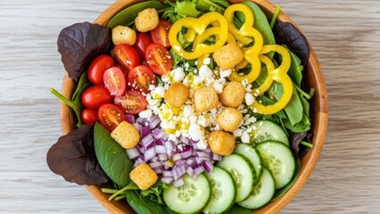 Fresh salad bowl with assorted vegetables and greens overhead view