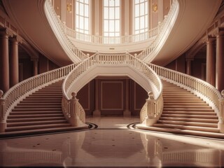 Large white staircase in a grand building with columns and windows