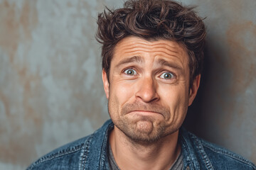 Young man with confused expression against textured background