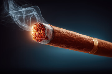Close-up of lit cigar with glowing ash and smoke against a dark background