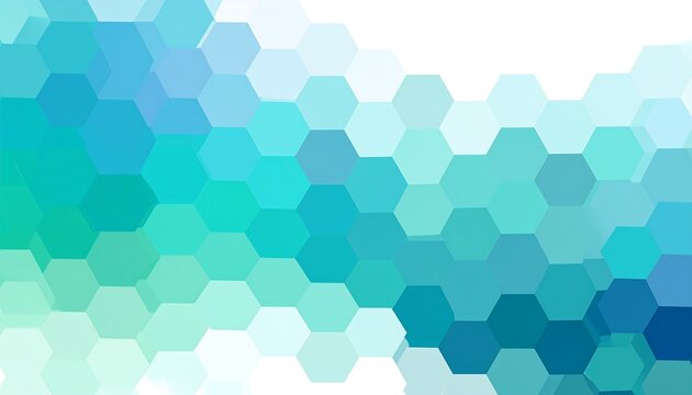 Hexagonal mosaic pattern with cool blue and green hues against a white background, fading towards lighter shades - Powered by Adobe