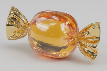 Shiny gold and amber wrapped candy with reflections on gray background