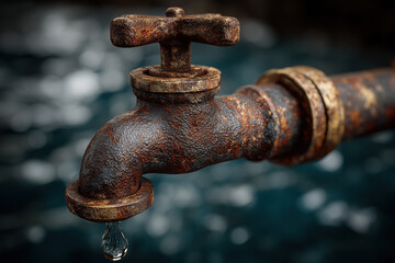 Rusty metal water faucet with dripping water in outdoor setting