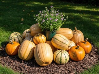 A pile of pumpkins and gourds on the ground with a plant