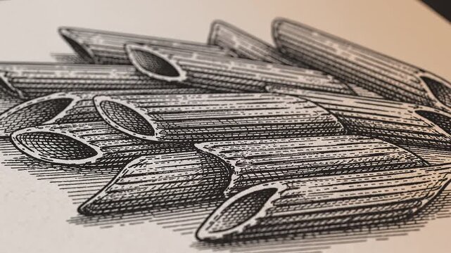Detailed Penne Pasta Engraving Art: Vintage Style Food Illustration Close-up