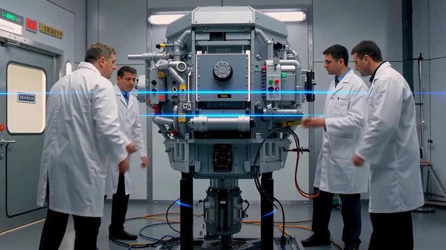 scientists calibrate large experimental chamber inside research lab, engineers in white coats adjust sensors and fittings, cables and meters emit blue diagnostic light, lead engineer supervises