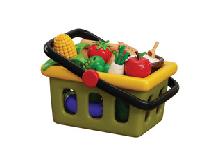 Shopping basket with groceries icon 3d render concept of Shopping basket with fruits, vegetables and groceries item icon vector illustration 