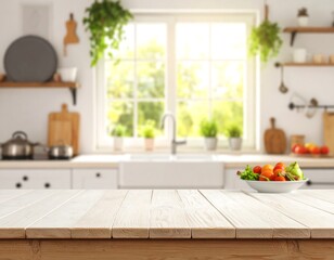 A serene kitchen interior with a wooden table in the foreground