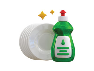 Dish washing liquid soap with clean sparkling plate icon 3d render concept of clean plate with green dish soap bottle icon vector illustration