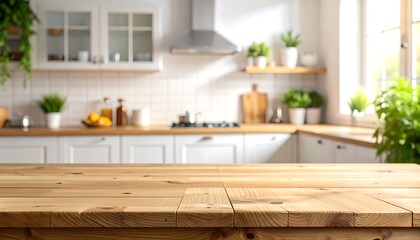 A serene kitchen interior with a wooden table in the foreground (1)