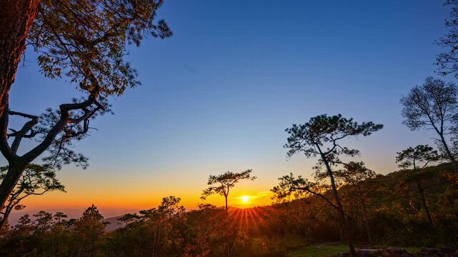 Time lapse Warm morning light rises above the pine forest at Phu Ruea, revealing layered mountain silhouettes and a tranquil landscape untouched by modern life.
