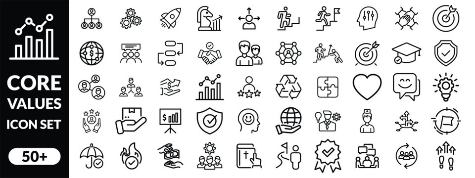 Core values 50 icon set. Full Vector Outline Style Icons. Vector Stock illustration