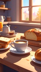 A serene kitchen scene with breakfast items on a wooden table by a sunny window