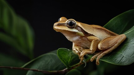 Fototapeta premium Close-Up of an Olive Green Frog Relaxing on Leaf in Dark Setting