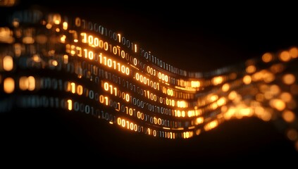 Abstract digital stream of glowing golden binary code flowing through darkness with bokeh lights creating a futuristic technological concept background