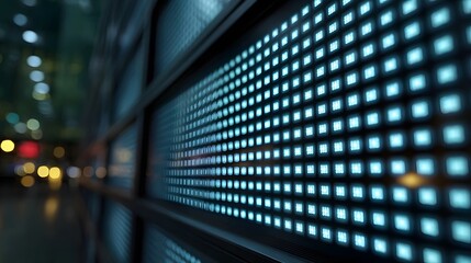 A close up view of a glowing blue digital screen grid with blurred city lights in the background at night