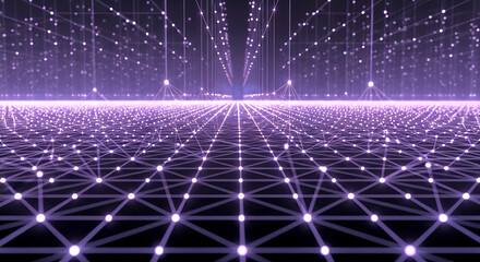 Abstract background illustration with a perspective view of a glowing dot grid network connected by lines. The image evokes themes of technology, data, connectivity, and futuristic concepts.