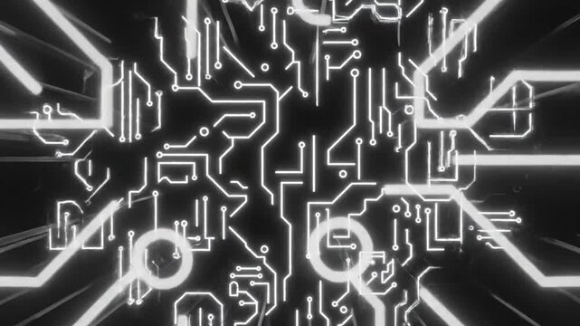 Futuristic glowing white circuit emblem winged figure with central sword on dark