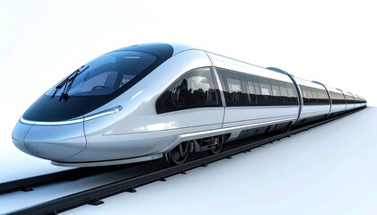 Sleek High-Speed Train on Tracks Against White Background.