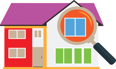 Colorful house with magnifying glass examining windows home building