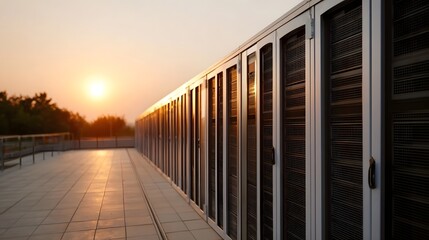 Row of server racks illuminated by the warm glow of a sunset on an outdoor platform