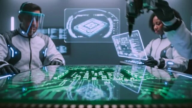 Hightech soldering environment, Robotic electronics assembly scene, Laboratory with holographic circuit visualization, Advanced microelectronics workshop featuring automated soldering processes