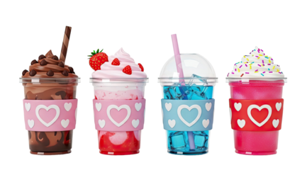 Four colorful drinks with hearts on cups