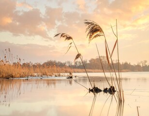 A serene lake scene at sunset with reeds in the foreground