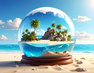 Fototapeta premium A miniature tropical island in a glass globe on a sandy beach (1)