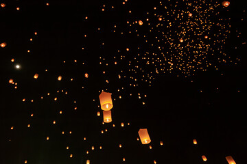 Floating lanterns take place during Thailand's Loi Krathong festival on the night of the full moon.