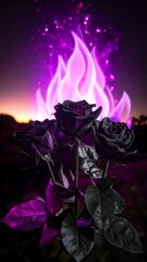 Three dark roses glow amid purple flames, with an atmospheric sunset backdrop creating an eerie yet beautiful scene